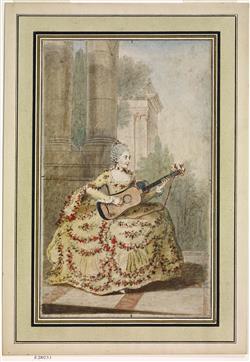 Portrait d'une jeune femme jouant de la guitare devant une colonnade | Pasquier, Pierre